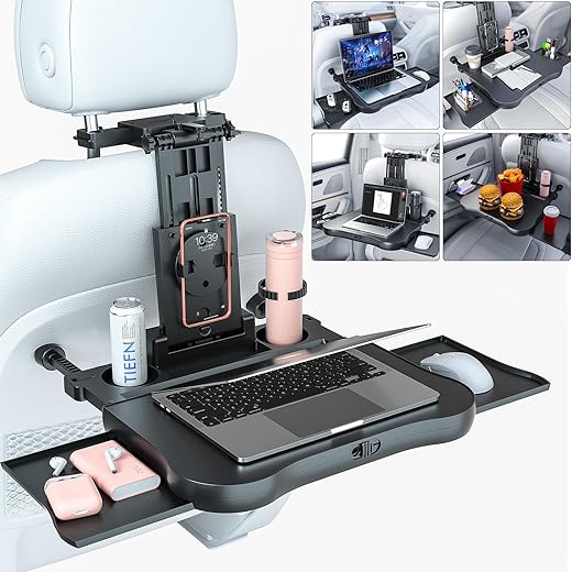 Bandeja de banco traseiro de carro, bandeja de comida dobrável estável para assento traseiro para viagem de passageiros traseiros comer e trabalhar, bandeja de viagem ajustável multifuncional com