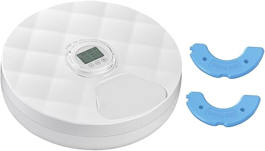 IEUDNS Alimentador automático para gatos, comida refrigerada, 6 refeições por dia, com duas bolsas de gelo, temporizador programável, recipiente fácil de