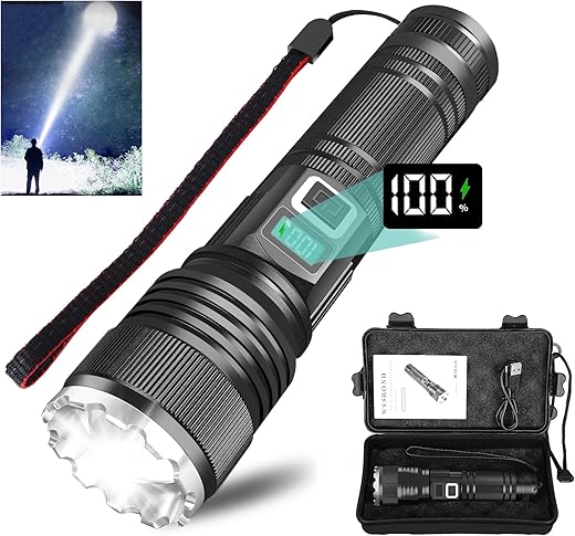 Lanternas recarregáveis de alto lúmens, lanterna super brilhante e de longo alcance de 30.000 lm com visor de energia LCD, 5 modos de longa duração, 5 modos com zoom e à prova d'água, luz de flash
