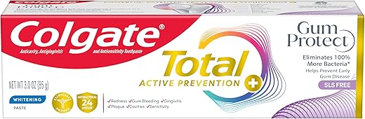 Colgate Total Active Prevention Gum Protect Pasta de dentes branqueadora, pasta de dentes clareadora para gengivas inflamatórias, vermelhidão, sangramento nas gengivas, irritação e sensibilidade