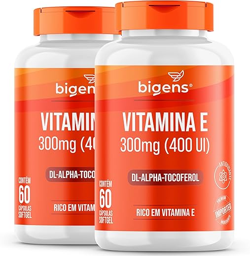 Vitamina E 300mg (400 UI), DL-Alpha-Tocoferol, Rico em Vitamina E, Antioxidante Importado, Unidade 60 Cápsulas Softgel, Bigens (Kit 2)