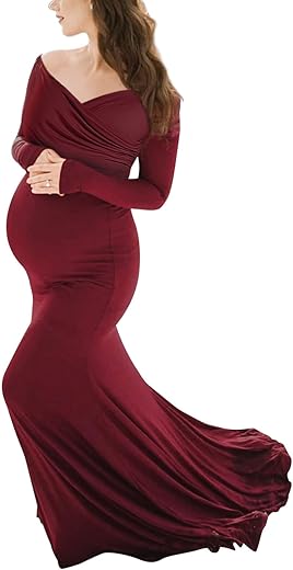 BANETTETA Vestido de maternidade ombro de fora para sessão de fotos, vestido maxi de manga comprida para gestantes, vestido de chá de bebê para mulheres, Vinho tinto, GG