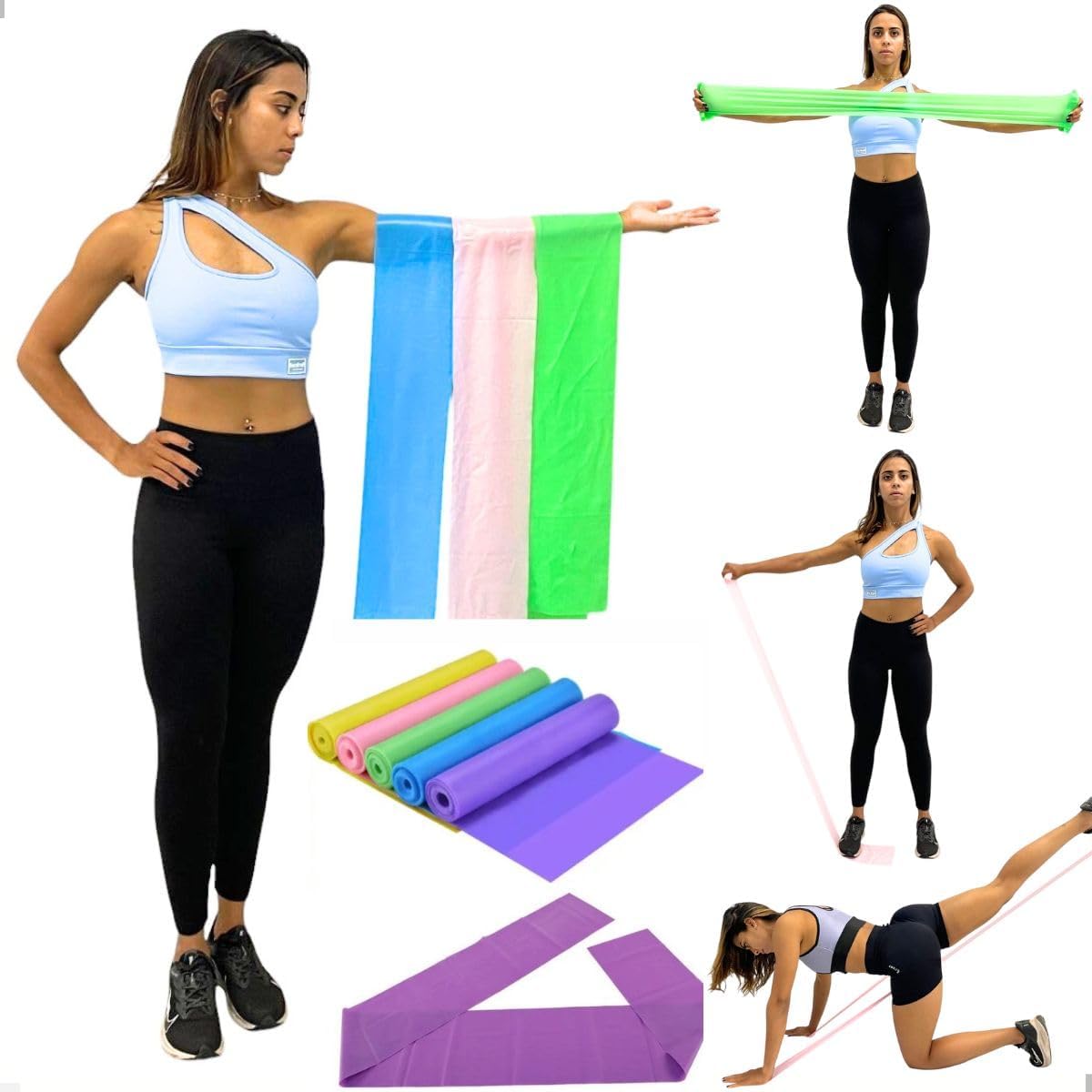 Genérico Kit 3 Faixas Elásticas de Resistência para Exercícios - Fisioterapia - Pilates, Cores Variadas