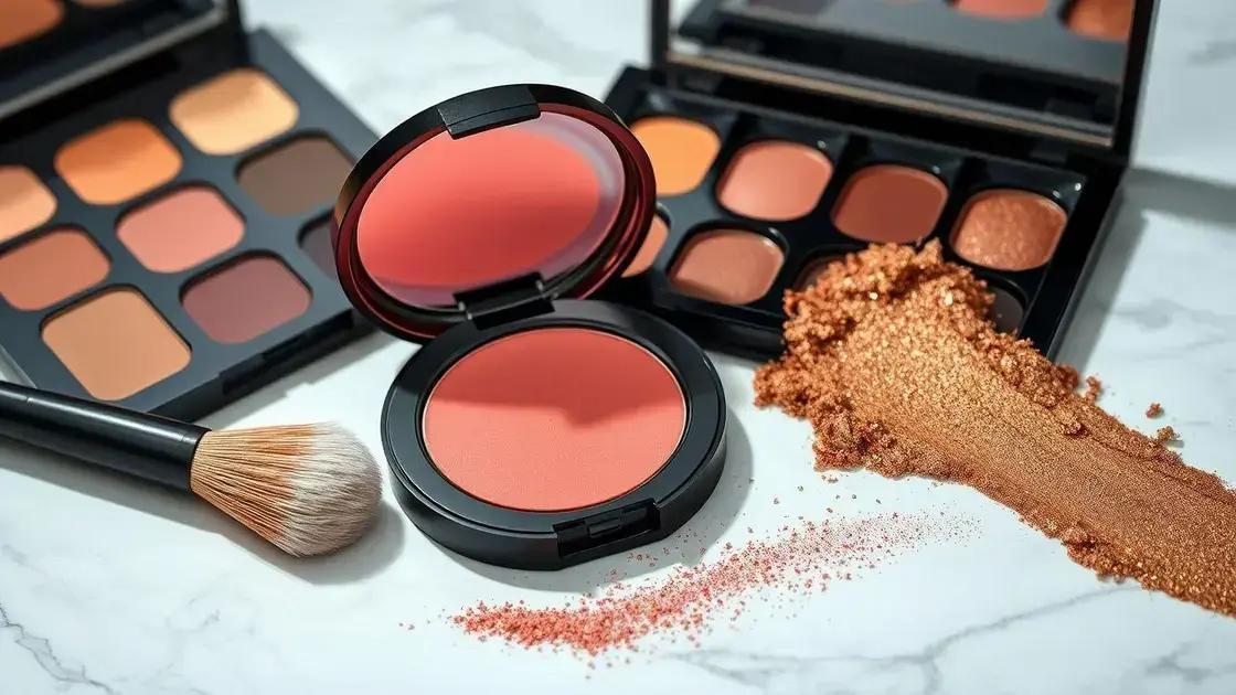 Detalhes e diferenciais dos produtos: sombras, blush, bronzer e pincel